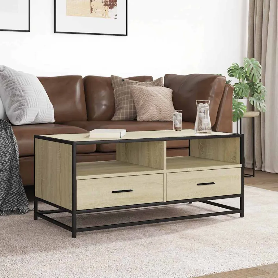 vidaXL Salontafel 100x50x45 cm bewerkt hout en metaal sonoma eiken, foto 3