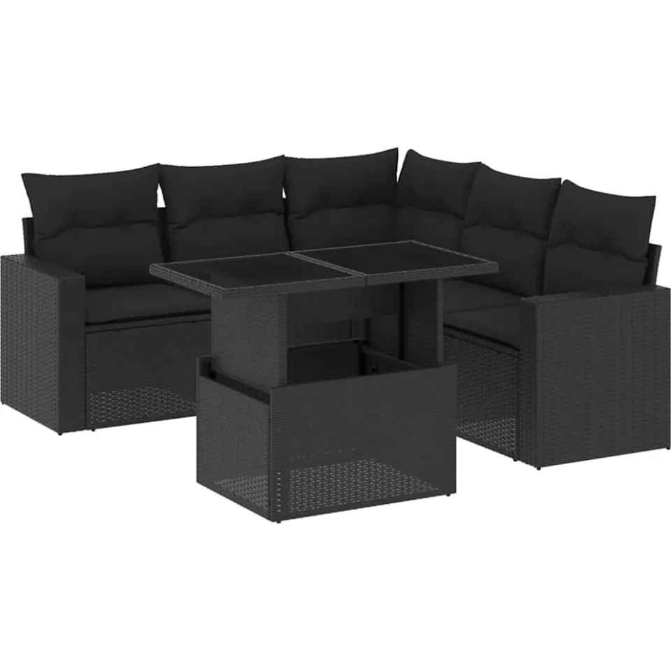 vidaXL 6-delige Loungeset met kussens poly rattan zwart, foto 3