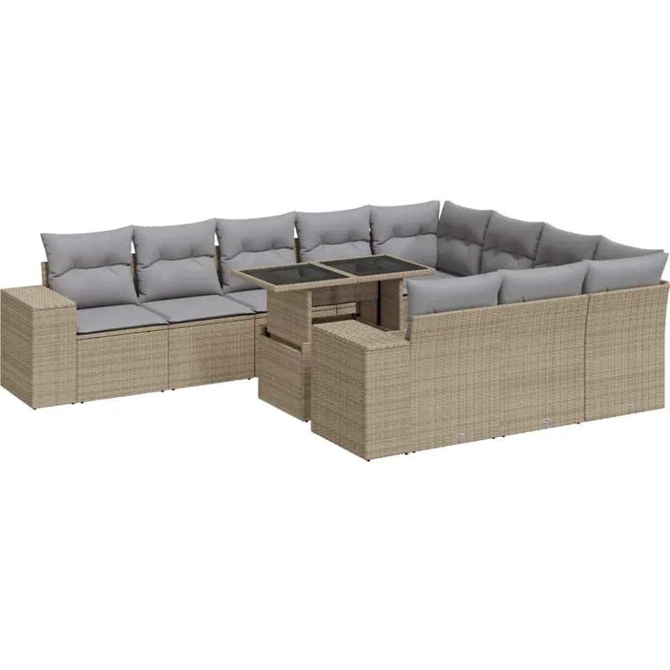 vidaXL 11-delige Tuinset met kussens poly rattan beige, foto 3