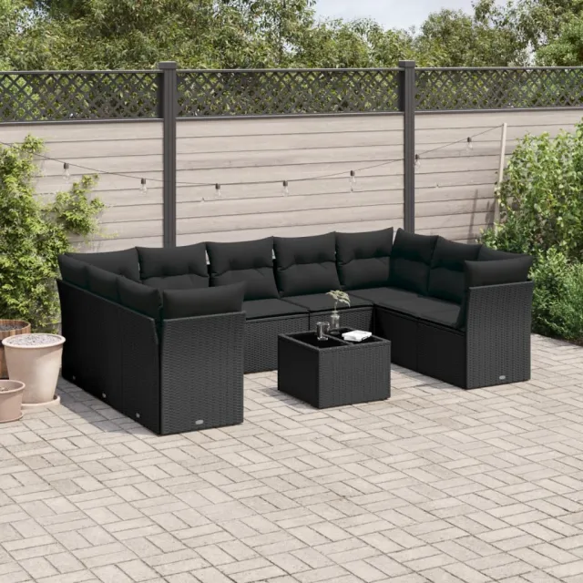 vidaXL 10-delige Loungeset met kussens poly rattan zwart, foto 2
