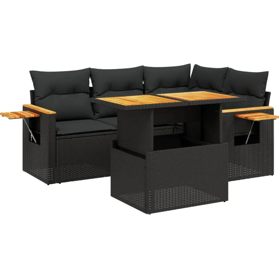 vidaXL 5-delige Loungeset met kussens poly rattan zwart, foto 3