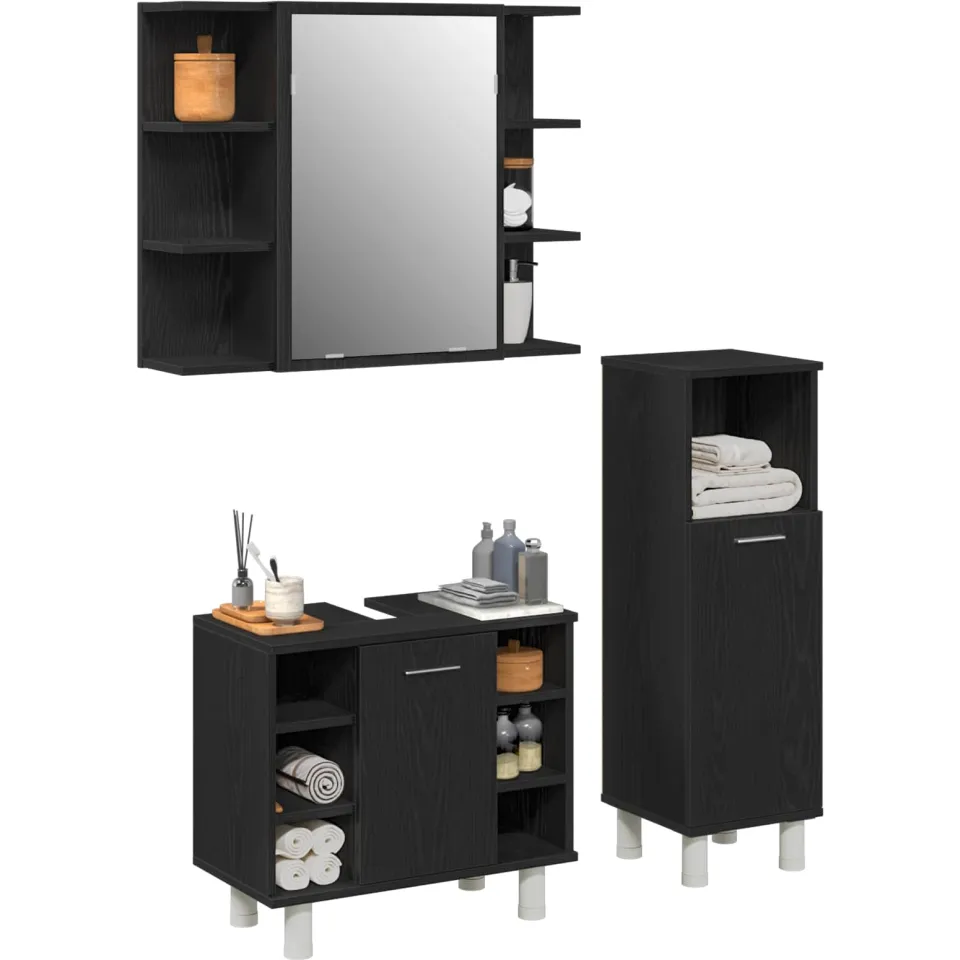 vidaXL Badkamermeubelset 3 st Zwart 30 x 30 x 99,5 cm Bewerkt hout
