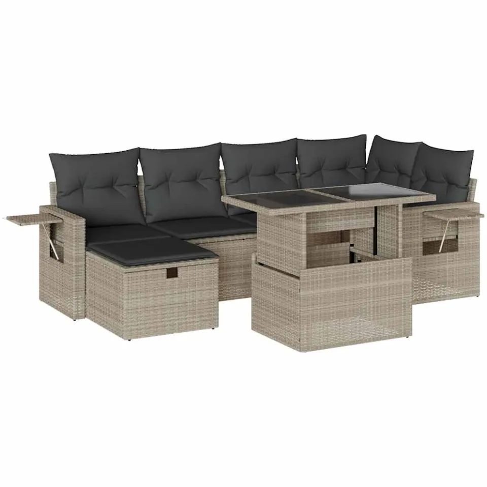 vidaXL 7-delige Loungeset met kussens poly rattan lichtgrijs grijs, foto 3