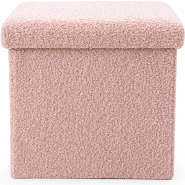LUXALIVING Opbergpoef met Deksel 35x35 cm – Roze – Teddy Bouclé – Opvouwbare Poef met Opbergruimte – Hocker & Voetenbank