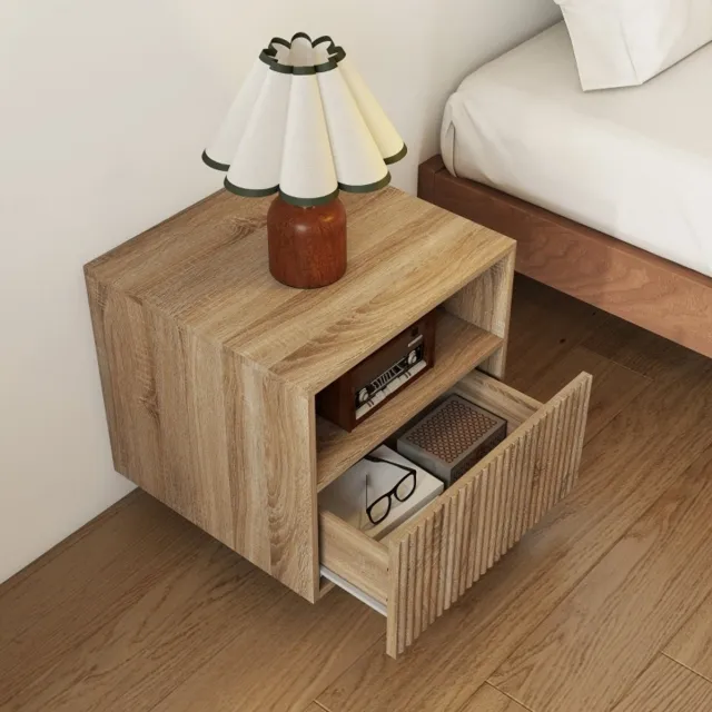 MEUNIQ Wandgemonteerde nachttafel met open vak en lade, grifloos design, 40 x 39,5 x 35 cm, naturel houtkleur voor de slaapkamer Natural Wood