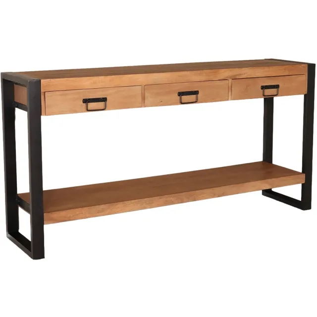 Lizzely Garden & Living Bijzettafel mangohout Vera 150cm met 3 lades industrieel duurzaam massief hout side table Bruin