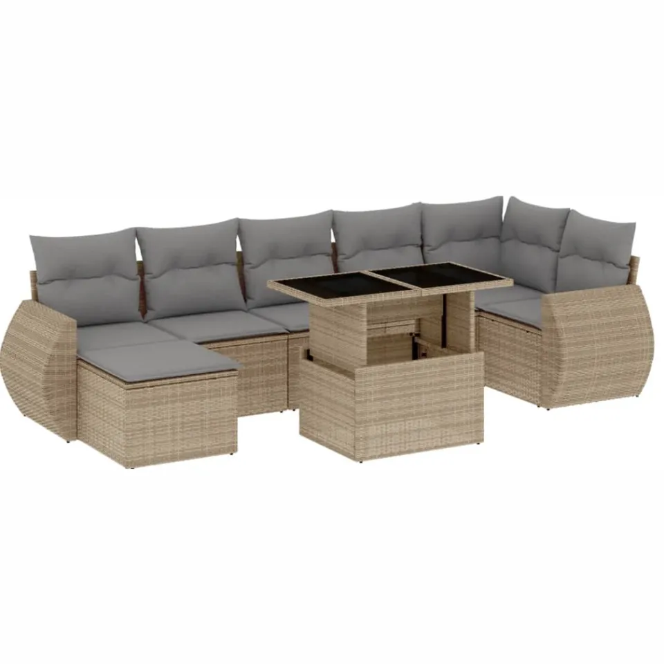 vidaXL 8-delige Loungeset met kussens poly rattan beige