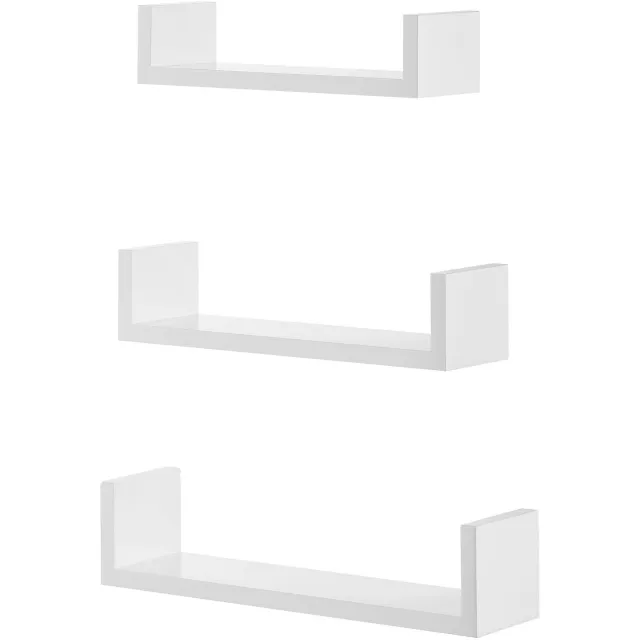 LEOBERT Wandplanken Set van 3 – Hoogglans Wit – Zwevende Wandplanken 30/35/40 cm – U-Vormige Wandrekken – Decoratieve Muurplanken voor Woonkamer, Slaapkamer, Badkamer en Hal – Moderne Wanddecoratie