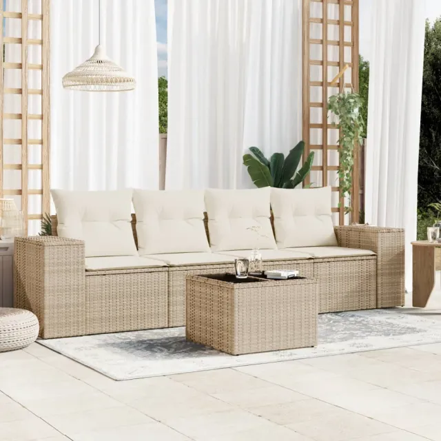 vidaXL 5-delige Loungeset met kussens poly rattan beige, foto 2