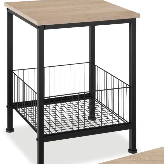 Tectake Bijzettafel met draadmand - Nachtkastje in industrieel design - 2 niveaus - Voor woonkamer, slaapkamer, kantoor, hal - Zwart metalen frame - Afmeting (LxBxH) 40 x 40 x 55,5 cm - Lichtbruin