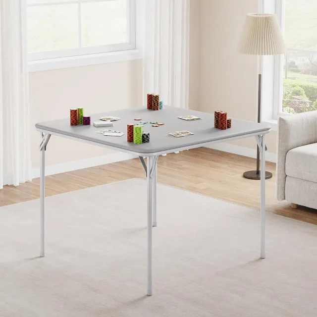 Danky Inklapbare Kaarttafel met PU-Leren Kussen - 85x85 cm - Vierkante Speeltafel & Pokertafel - Stevig Metalen Frame - Belastbaar tot 150 kg - Geen Montage Nodig - Grijs(Zonder Stoelen)
