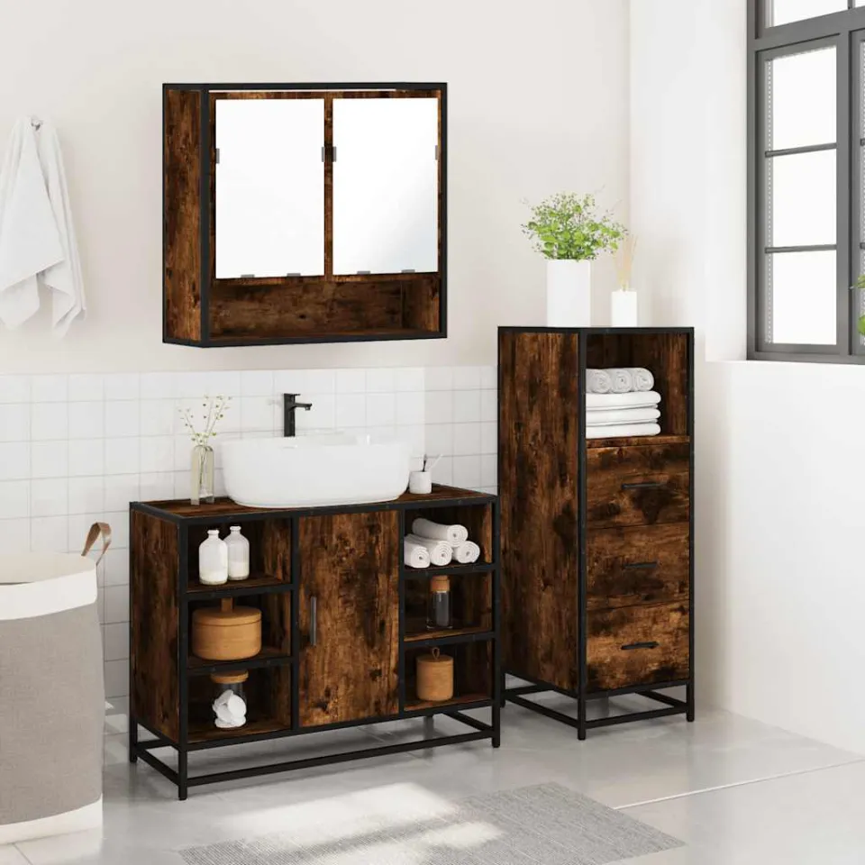 vidaXL 3-delige Badkamermeubelset bewerkt hout gerookt eikenkleurig, foto 4