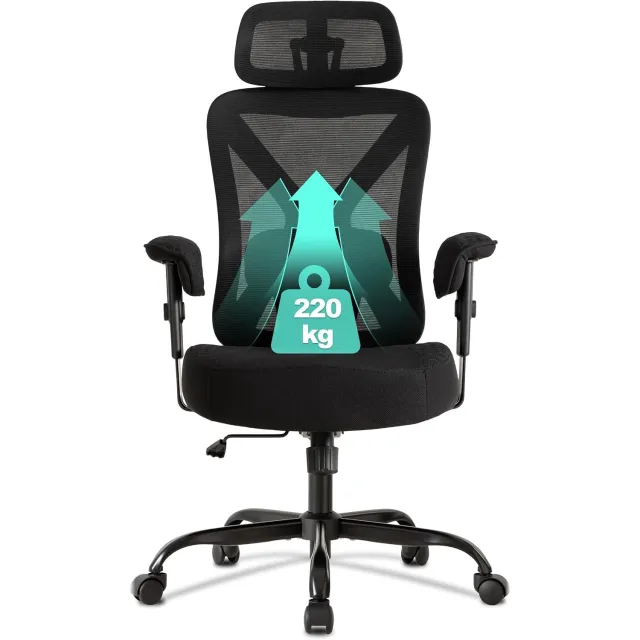 UEV Ergonomische Bureaustoel, tot 220 kg, Gamingstoel, Schommelfunctie, Zwart