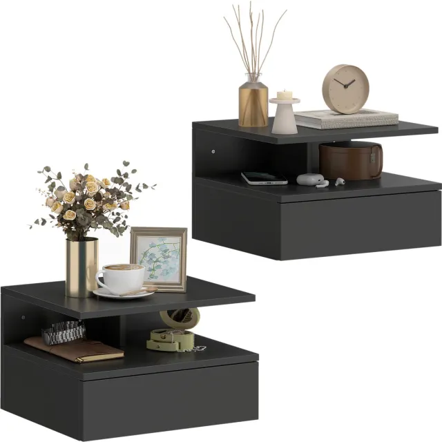 Homcom Zwevende Nachtkastjes Set van 2, Zwart, met Lade, 35 x 32 x 22,5 cm, Wandgemonteerd