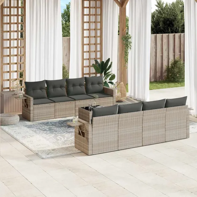 vidaXL 9-delige Loungeset met kussens poly rattan lichtgrijs grijs, foto 2