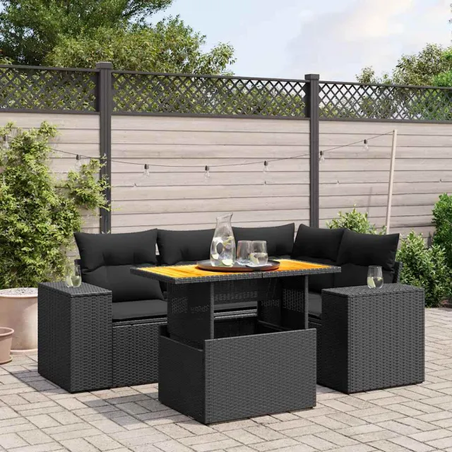vidaXL 5-delige Loungeset met kussens poly rattan zwart, foto 2