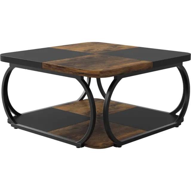 Happiq Salontafel Franciso - Koffietafel - Vierkant - 100cm - Retro - Opbergplank - Massief metalen onderstel Rustiek bruin