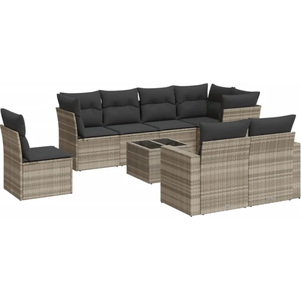 vidaXL 9-delige Loungeset met kussens poly rattan lichtgrijs grijs
