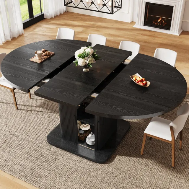 MODFU Uitschuifbare Eettafel Met Opbergruimte - Ovaal - Modern - MDF En Metaal - Zwart