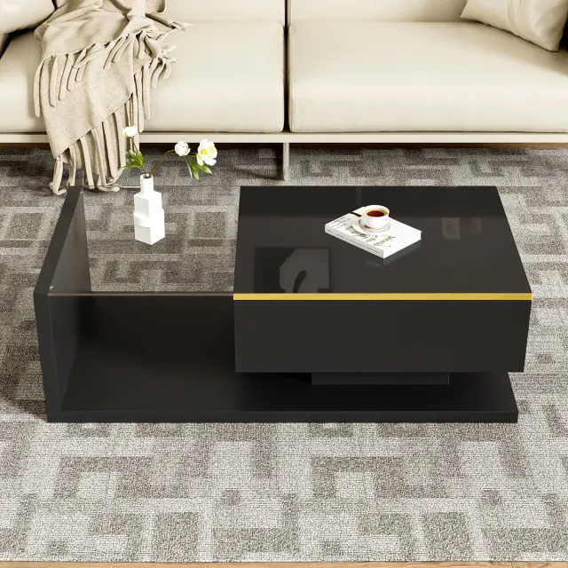 REDOM Salontafel 100x50x32,5 cm van spaanplaat en gehard glas, met open vak en LED Zwart