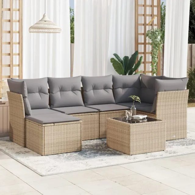 vidaXL 7-delige Loungeset met kussens poly rattan beige, foto 2