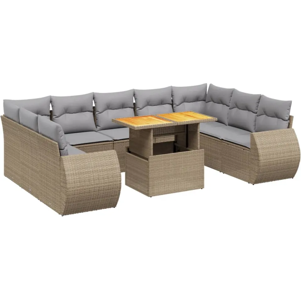 vidaXL 10-delige Loungeset met kussens poly rattan beige, foto 3