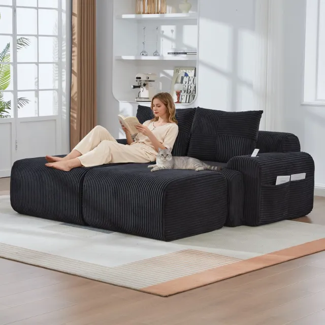 MIVRAY Hoekbank 200 x 174 x 80 cm - Modulair Met Hockers, Bekerhouder En Opbergtas - Voor Woonkamer - Cord Zwart