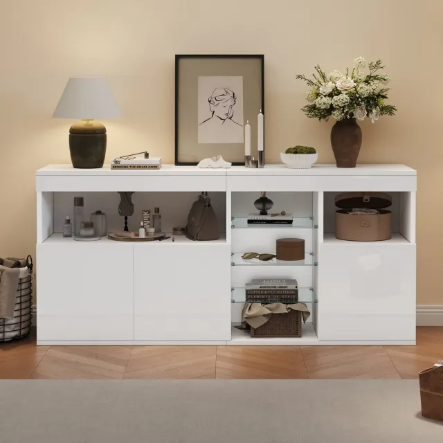 STILVORA Dressoir - Hoogglans Front Met Ledverlichting Via App - 3 Deuren En Open Vak - Spaanplaat Glas - 155,5x35x72 Cm - Wit