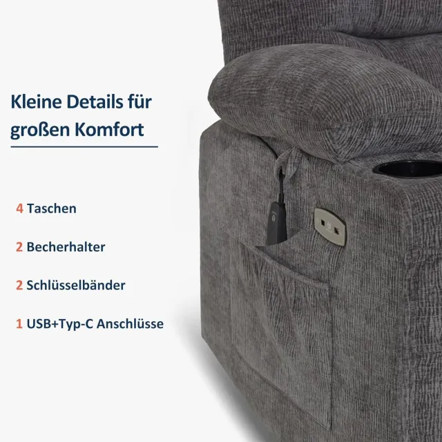 Laura Elektrische Relaxfauteuil 88 x 83 x 110 cm – TV-Stoel met Elektrisch Verstelbare Rugleuning & Voetensteun, USB-poort, Bekerhouder en Chenille-Stof – Grijs – Laura