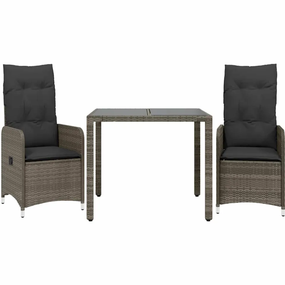 vidaXL 3-delige Bistroset met kussens poly rattan grijs, foto 3