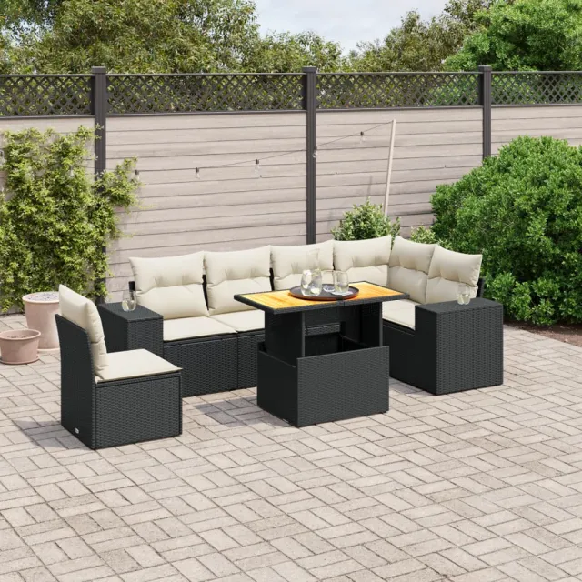vidaXL 7-delige Loungeset met kussens poly rattan zwart, foto 2