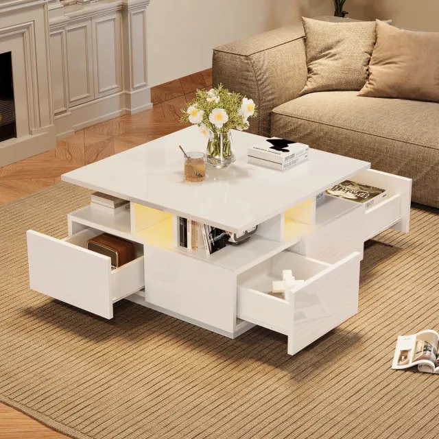 MODENUIT Salontafel - Hoogglans Met Ledverlichting En 4 Laden - Voor Woonkamer - Wit Spaanplaat - 70x70x40 cm