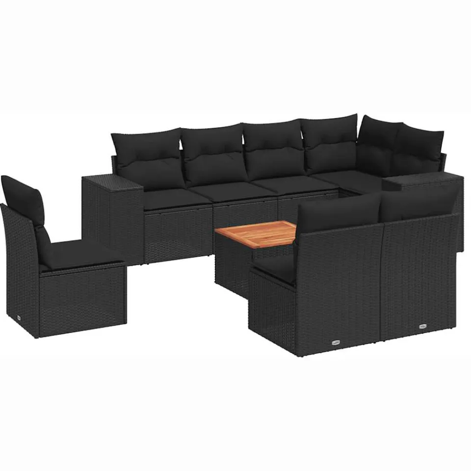 vidaXL 9-delige Loungeset met kussens poly rattan zwart, foto 3
