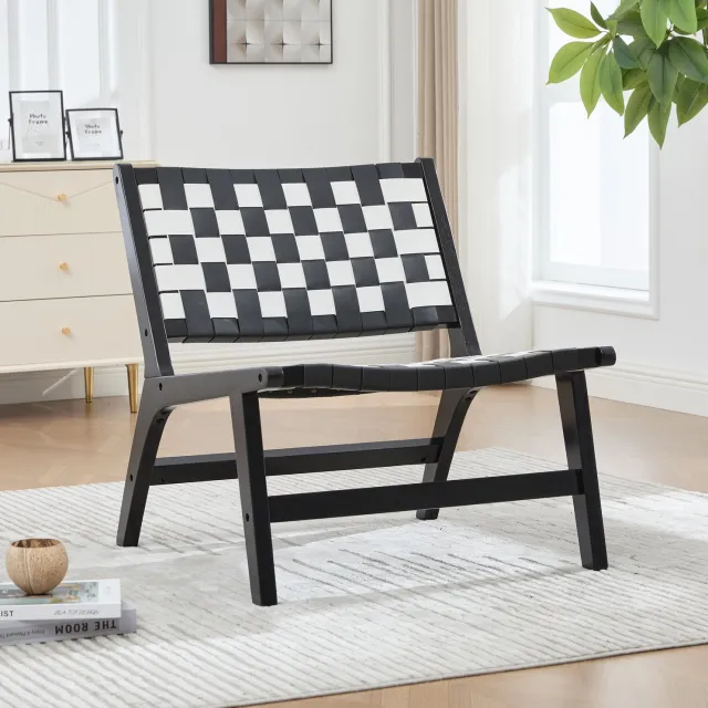 HAUSS SPOLE Fauteuil - Gevlochten Zitting met Schaakbordpatroon - Zonder Armleuningen - voor Woonkamer en Leeshoek - Hout en PU - Zwart-Wit