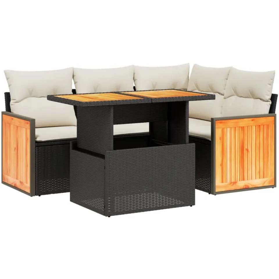 vidaXL 5-delige Loungeset met kussens poly rattan zwart
