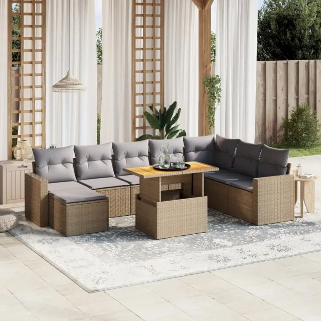 vidaXL 9-delige Loungeset met kussens poly rattan beige, foto 2