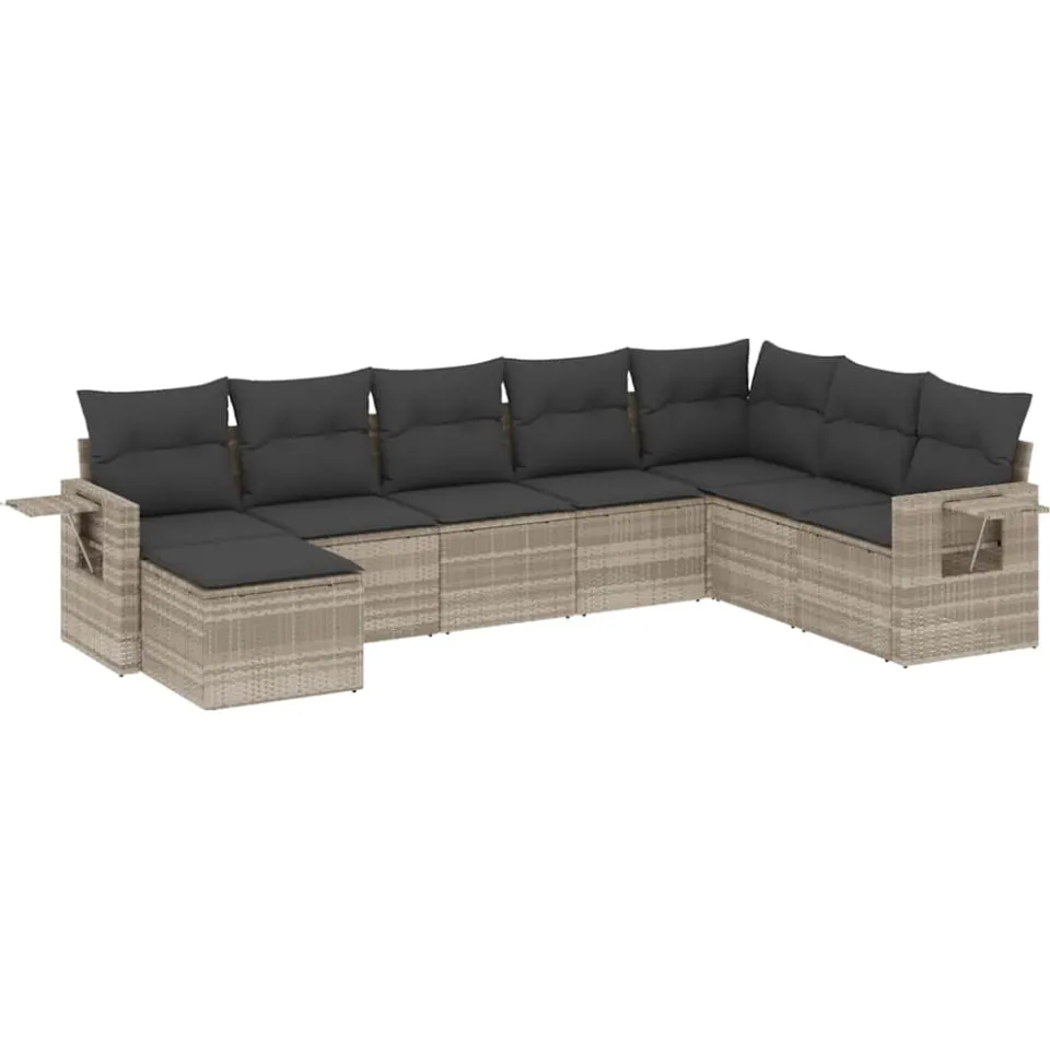 vidaXL 8-delige Loungeset met kussens poly rattan lichtgrijs grijs