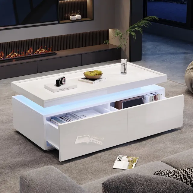 MUVANO Salontafel Wit Hoogglans - Salontafel Met LED Verlichting - Salontafel Met 2 Lades - Moderne Salontafel - 95x45x35 cm - App Bediening - Woonkamer Wit