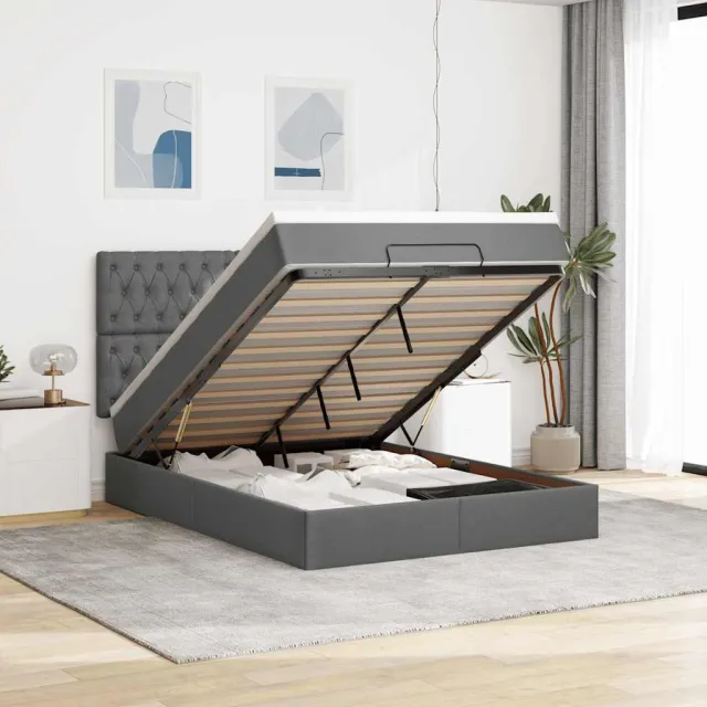 vidaXL Ottoman bed met matras en LED's 140x190cm stof donkergrijs grijs