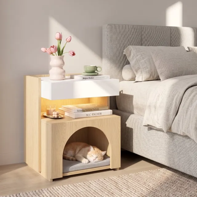 FloraGrace Nachtkastje Met Kattenmand En Ledverlichting - Opbergruimte Voor Slaapkamer En Woonkamer - Spaanplaat - 47 X 39 X 58 Cm - Wit En Houtkleur
