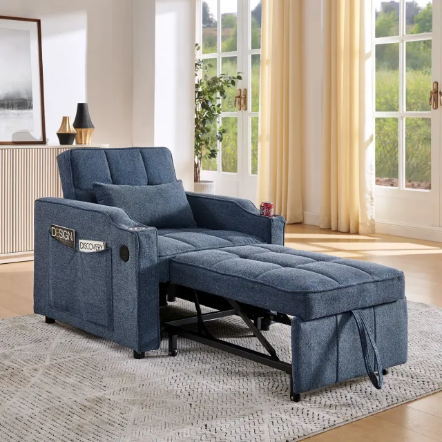 MODENUIT Fauteuil 190 cm - 3-in-1 Met Verstelbare Rugleuning, USB En USB-C - Voor Logeerkamer - Stof - Blauw Navy Blue