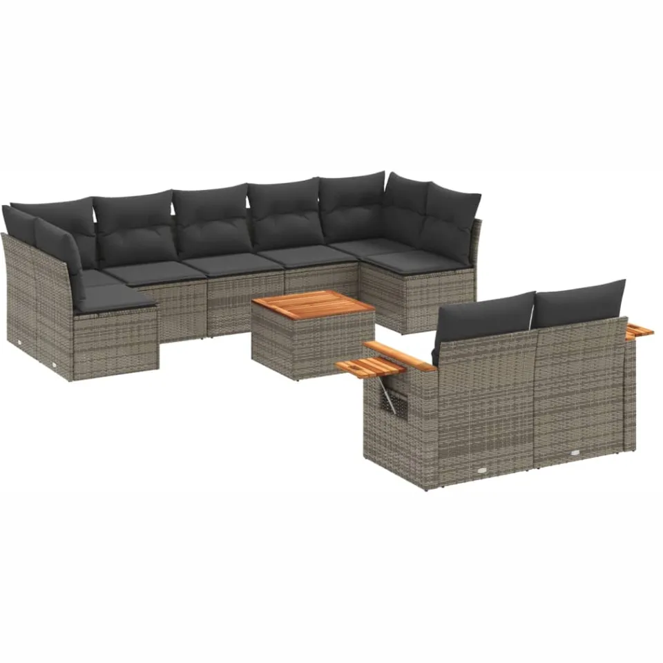 vidaXL 10-delige Loungeset met kussens poly rattan grijs