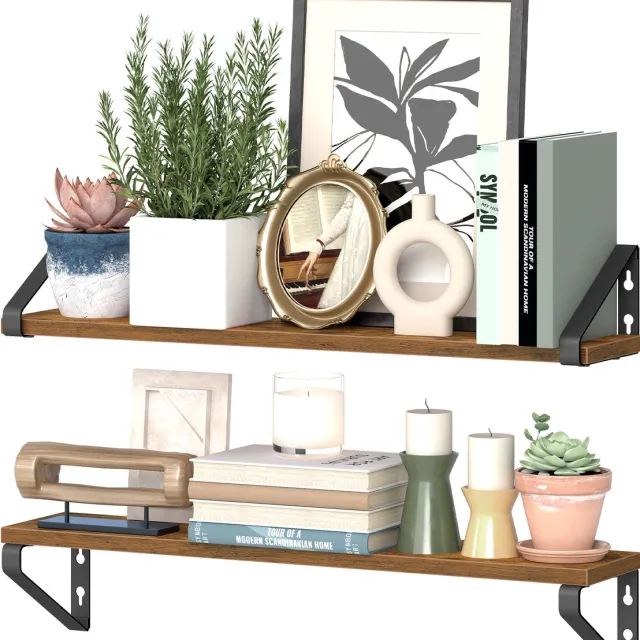 Vasagle Wandplank - Zwevend Wandrek 2-delig - 2 Montageopties - Voor Woonkamer Keuken Badkamer Vintagebruin