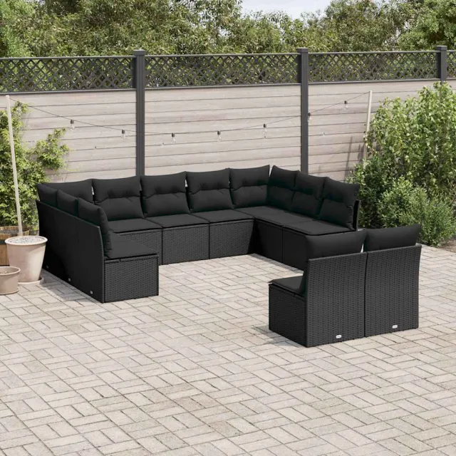 vidaXL 11-delige Loungeset met kussens poly rattan zwart, foto 2