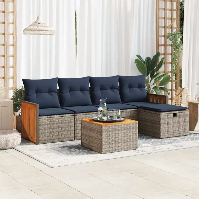 vidaXL 6-delige Loungeset met kussens poly rattan grijs, foto 2