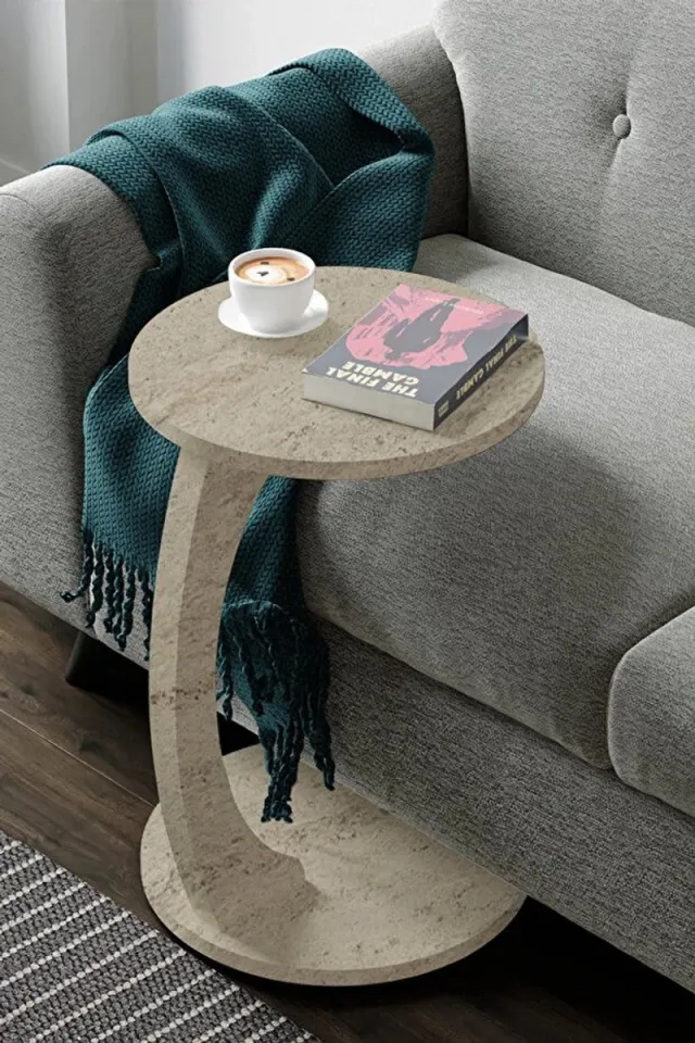 Zeo Wood Bijzettafel - Bijzettafel met wielen - Bedtafeltje met Wielen - Tafeltje op Wieltjes - Ronde Bijzettafel - Travertin Kleur