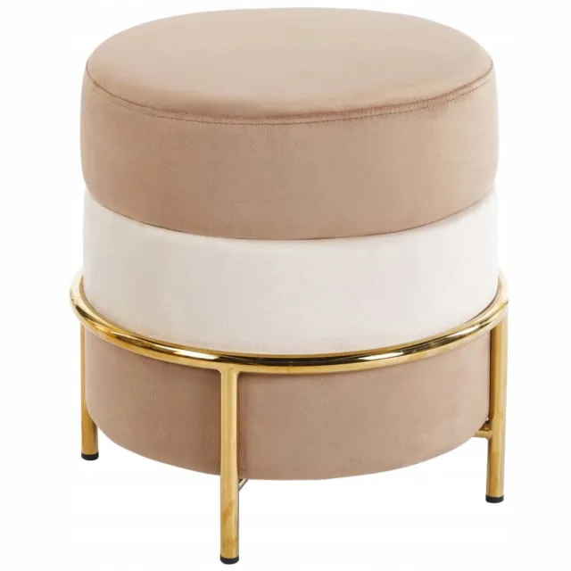 Furnitex P8-FX (G) - Poef - Rond - Beige en cappuccinokleurig fluweel - Goudkleurig metalen frame Cappuccino;Beige;Goud
