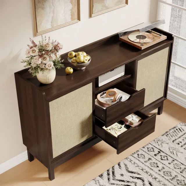 MIVRAY Dressoir - Retro Kleurblok Met Schuifdeuren En Dubbele Lades - Opbergkast Voor Woonkamer En Eetkamer - Spaanplaat - 150x39,5x80 Cm Natuurlijk
