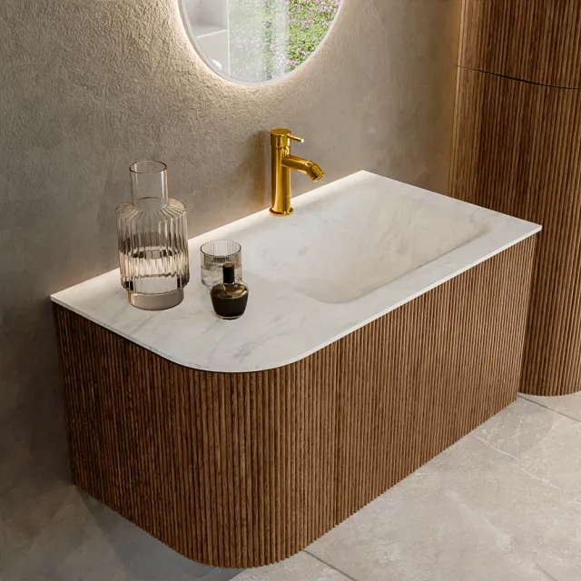 Mondiaz KURVE-DLUX 85 cm Onderkast Greeploos 1 Lade Met Deuren Walnut, Wastafel Solid Surface Rechts Opalo 1 Kraangat Zonder Spiegel (KRVCLO85L1L1D1KR-Wal/Opa)