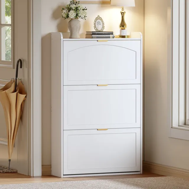 STILVORA Schoenenkast Met 3 Kleppen - Smal En Ruimtebesparend Voor Hal En Woonkamer - Spaanplaat - Wit - 76x23x118 Cm